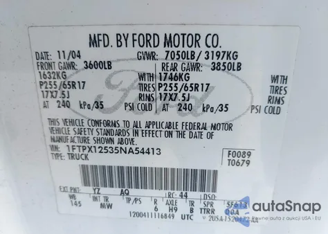 2005 Ford F-150 Lariat/Xl/Xlt z USA, uszkodzony, nr VIN 1FTPX12535NA54413